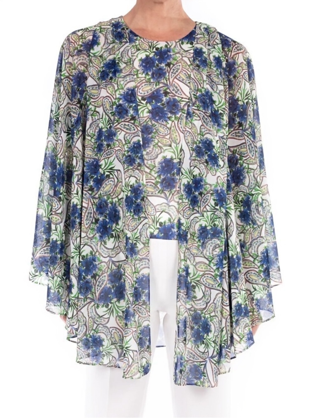 NWT Badgley Mischka Women’s Sleeveless Blouse w/ Capelet in Blue Floral Multi XS